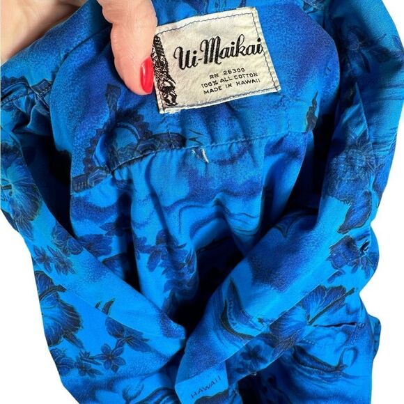 Ui-Maikai Blue Island Map Print Vintage 60s Hawaiian Button Front Camp Shirt - Picture 9 of 10